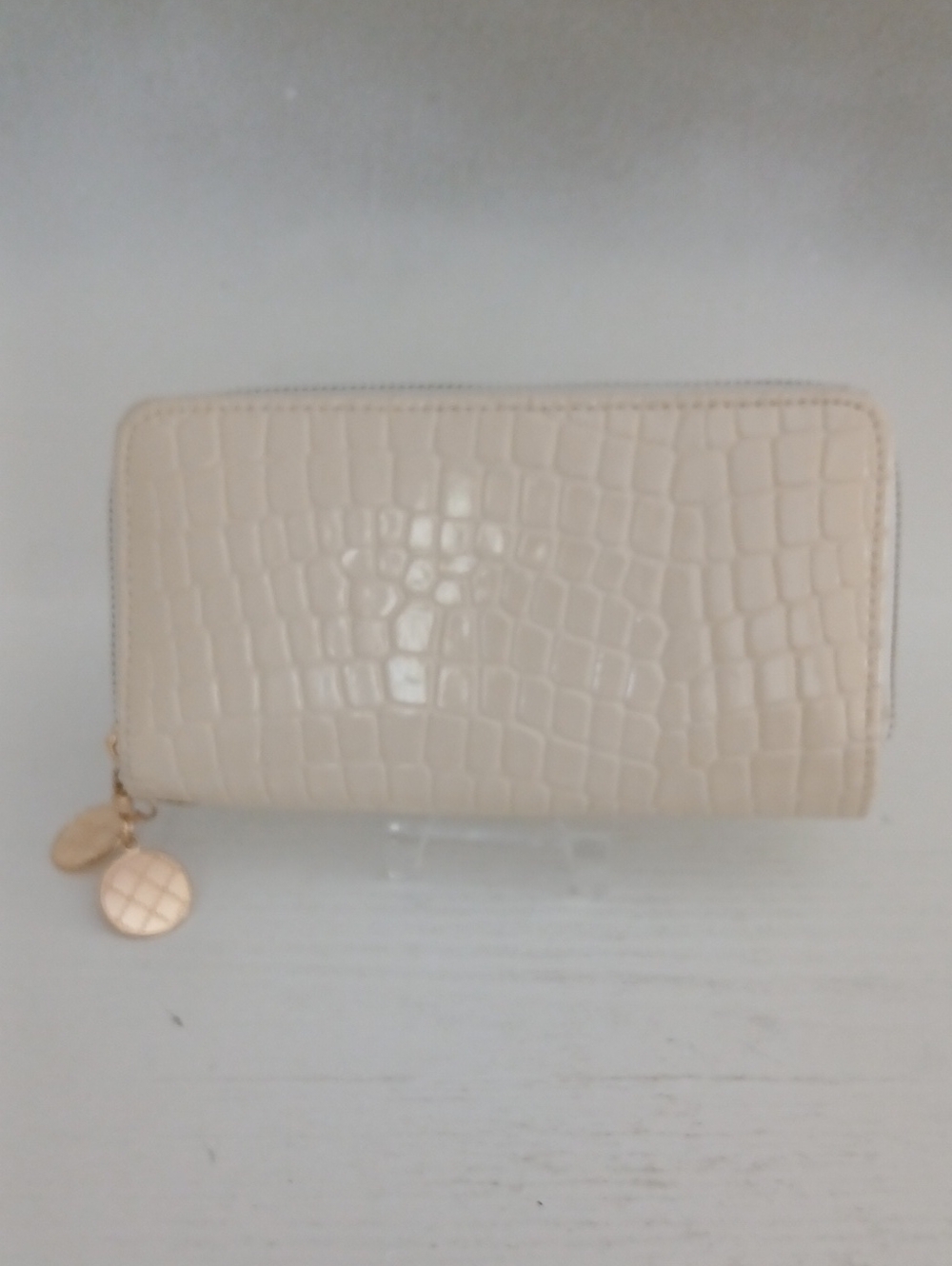 Croc-Embossed Zip Wallet in Cream